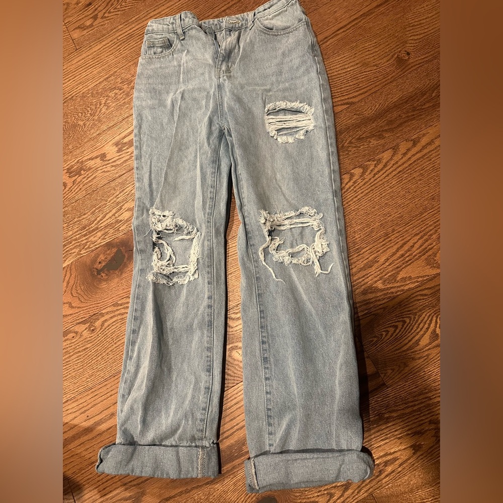 SHEIN Light Blue Distressed Boyfriend Jeans